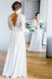 3/4 Sleeves Chiffon Beach Wedding Dress With Lace V Neck Backless PGHZ3KKD