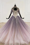 Sparkly Ball Gown Ombre Half Sleeves Jewel Long Prom Dresses, Beads Quinceanera Dresses STI15601