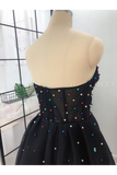 Elegant A Line Sweetheart Strapless Black Tulle Prom Dresses With STIPT11F6GE