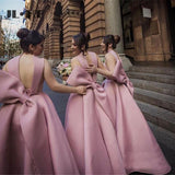 Ball Gown High Neck Satin V Neck Bridesmaid Dresses with Bowknot, Wedding Party Dress STI15559