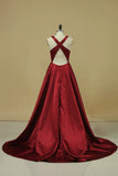 2024 Red V Neck Evening Dresses A Line Sweep Train With Slit P3HLQQCD