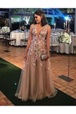 A-Line V Neck Appliques Floor Length Prom Dresses Tulle Evening STIP82T3LY5