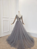 A Line Long Sleeves V Neck Gray Tulle Prom Dresses with Beading, Evening Dress STI15549