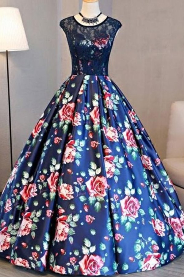 2022 Ball Gown Scoop Lace Floral Print Floor-Length Chic Prom Dress PN5MEZFC
