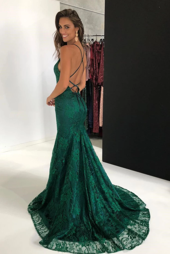 Elegant Straps V Neck Lace Mermaid Long Evening Dresses Prom STIPS1EG38N