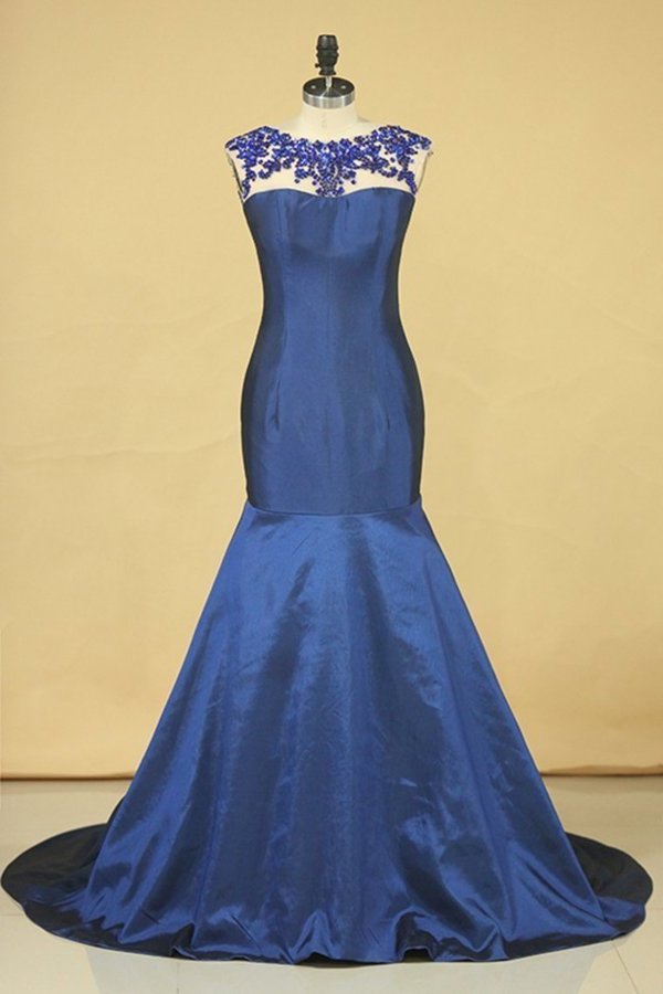 2022 Dark Royal Blue Scoop Prom Dresses Mermaid Taffeta Sweep Train With PNA5B6PS