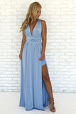 A-Line V Neck Criss Cross Light Blue Chiffon Long Prom Dresses with Split, Formal Dresses STI15053