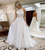 A Line Halter Tulle Wedding Dress with Top Lace, Backless Beach Wedding Dresses STI15547