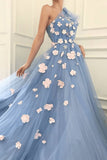 Charming One Shoulder Blue Tulle 3D Flowers Prom Dresses, Long Cheap Dance Dresses STI15119