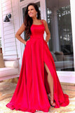 Red Sleeveless A Line Backless Satin Long Prom Dresses