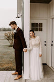 Elegant A Line Long Sleeves Round Neck Backless Boho Wedding Dress, Bridal STI20409