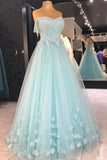 Cheap A Line Strapless Floor Length Tulle Prom Dress With Flowers Appliqued Formal STIPS5H8PGM