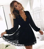 Chic Black Deep V Neck Long Sleeves Lace Homecoming Dress, Black Short Prom Gowns STI14968