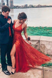 Sparkly V Neck A Line Red Spaghetti Straps Prom Dresses with Slit, Evening STI20447