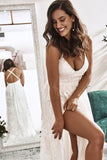 Elegant A Line V Neck Lace Ivory Beach Wedding Dresses with Slit, Bridal Gowns STI15579