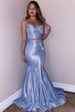 Glitter Spaghetti Straps V Neck Blue Mermaid V Neck Prom Dresses, Party STI20419
