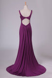 2024 Grape Prom Dresses Straps Open Back Spandex With Ruffles Sweep PLXE2DCE
