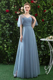 Cheap V Neck Tulle Long Prom Dress With Short Sleeves A Line P7XDA4H8