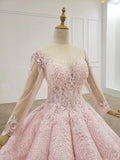 Elegant Ball Gown Pink Long Sleeves Appliques Prom Dresses, Quinceanera STI20482