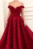 Charming Red Lace Off the Shoulder Prom Dresses, V Neck Handmade Flowers Party Dresses STI15121