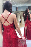 Sparkly V Neck A Line Red Spaghetti Straps Prom Dresses with Slit, Evening STI15675