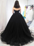Sweetheart Tulle Ball Gown Black Formal Prom Dresses, Sleeveless Lace up Evening Dresses STI15442