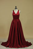 2024 Red V Neck Evening Dresses A Line Sweep Train With Slit P3HLQQCD
