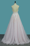 2024 A Line Organza Spaghetti Straps Wedding Dresses With Applique And Beads PH3EFRAJ