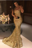 Sexy Mermaid Sequins Strapless Long Evening Dresses, Simple Prom STI15665