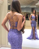 Elegant Two Pieces Mermaid Lilac Lace Slit Long Prom Dresses, Formal STI20417