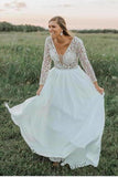 Flowy Long V-Neck Lace V-Neck Simple Wedding Dresses Beach PEHFJD85