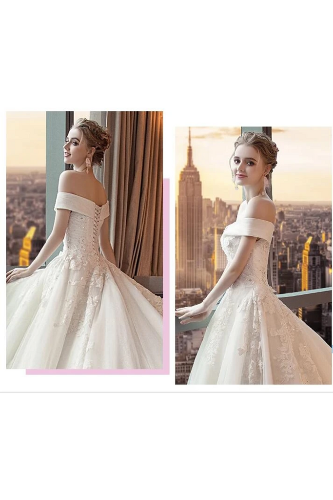 Gorgeous Off The Shoulder Lace Cathedral Train Wedding Dresses Princess Bridal STIPT58L82L