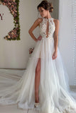 A Line Appliques Ivory Open Back Wedding Dresses, Long Beach Bridal Dresses STI14990