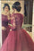 Cheap Burgundy Lace Three Quarter Sleeve Ball Gown Elegant Long Prom Dresses