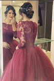Cheap Burgundy Lace Three Quarter Sleeve Ball Gown Elegant Long Prom Dresses