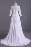 2024 Bateau 3/4 Length Sleeve A Line Wedding Dresses Chiffon With Applique & Handmade PDMZEK1M