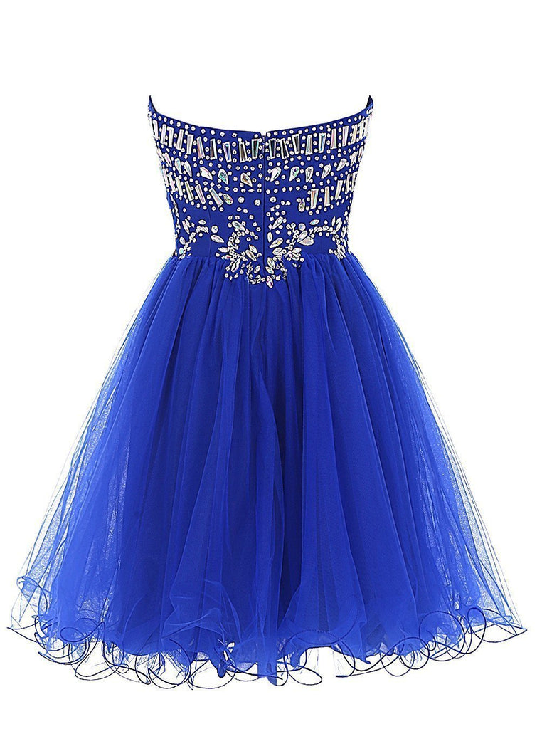 Cheap Blue Sweetheart Cute A-line Tulle Beading Short Mini Homecoming Dresses