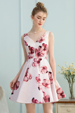 A-Line V-Neck White Floral-Printed Satin Short Homecoming Dress