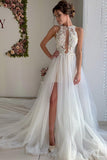 A Line Appliques Ivory Open Back Wedding Dresses Long Beach Bridal STIP2PKLXCG