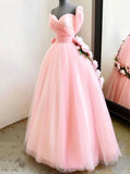 Charming Ball Gown Sweetheart Long Prom Dresses, Pink Sweet 16 Dress With Handmade Flowers STI15094