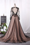 2024 Evening Dresses Scoop Long Sleeves A Line Tulle With Applique PLMNYGS2