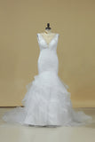 2024 V Neck Mermaid Wedding Dresses Tulle With Applique And Ruffles PCA7QTEL