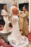 Ivory Backless Long Sleeves Mermaid Wedding Dress Embroidery& Beads Wedding STIPYJ9JRQB