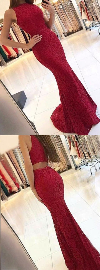 Charming New Arrival Mermaid Round Neck Dark Red Lace Prom Dresses