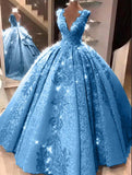 Ball Gown V Neck Floor Length Prom Dresses with Appliques, Quinceanera Dress STI15565