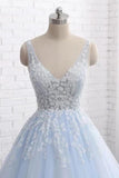 Princess Long Ball Gown Lace Tulle Prom Dresses V Neck PBLJLETN