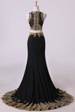 2024 Hot Mermaid Two-Piece Prom Dresses Scoop Sweep/Brush Spandex With Gold PB82RT44