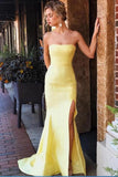 Sexy Yellow Satin Strapless Mermaid Prom Dresses, Sleeveless Evening Dresses with Split STI15372