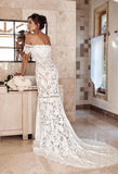 Elegant Off the Shoulder Ivory Lace Mermaid Beach Wedding Dress, Cheap Bridal Dress STI15188