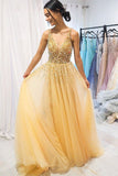 A Line Gold V Neck Beading Tulle Prom Dresses Spaghetti Straps Long Cheap Formal Dress STI14999